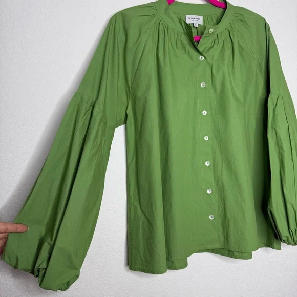 Olivia James Green Balloon Sleeve Button Down Shirt Size S - Picture 4 of 6